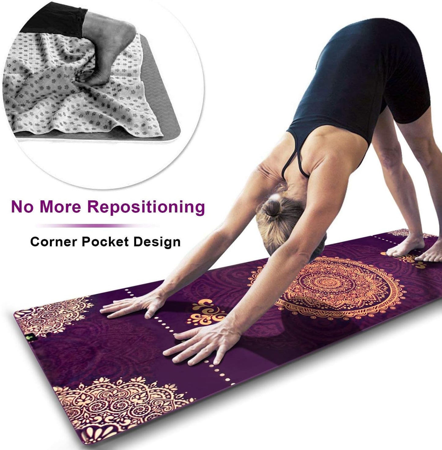 Non Slip Hot Yoga Towel, 100% Microfiber Non Slip Yoga Mat Towel for Hot Yoga, Pilates and Fitness, Exclusive Corner Pockets Design + Free Spray Bottle